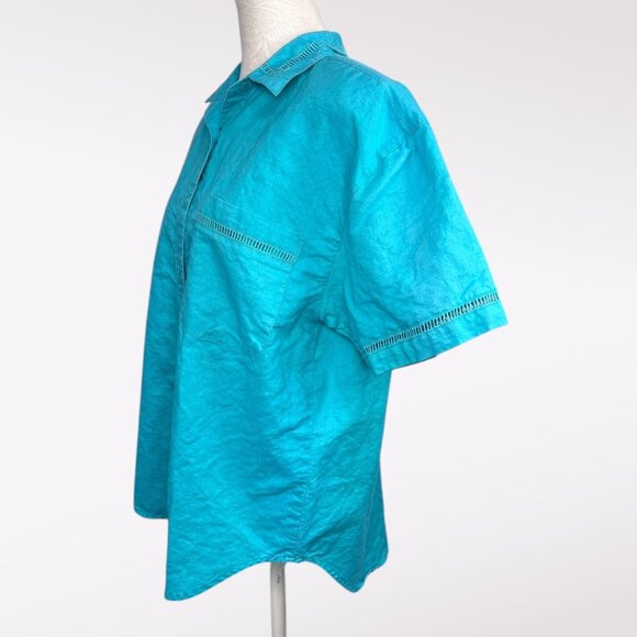 Vintage 90s Blue Button Up Shirt Eyelet Trim Boxy Fit Top Small - Picture 4 of 9